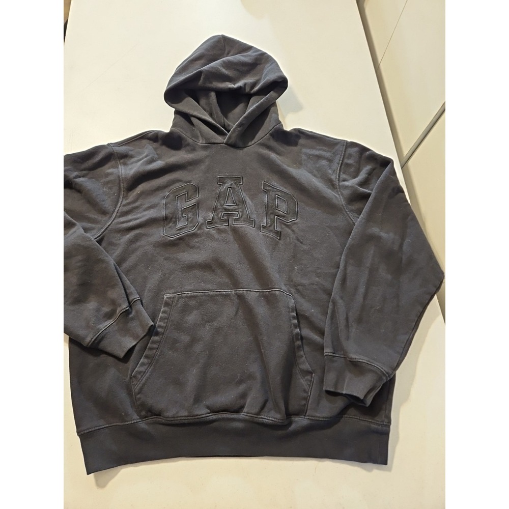 Gap Hoodie Men L Black on Black Sweatshirt Drawstring Spellout Preppy (1237‎